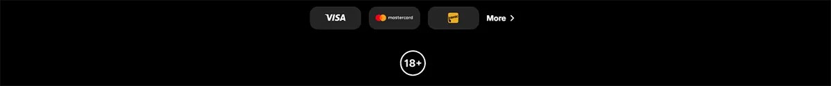 Footer section with Visa, Mastercard, and Jeton payment icons, a “More” link, and an 18+ age restriction badge on a dark background.