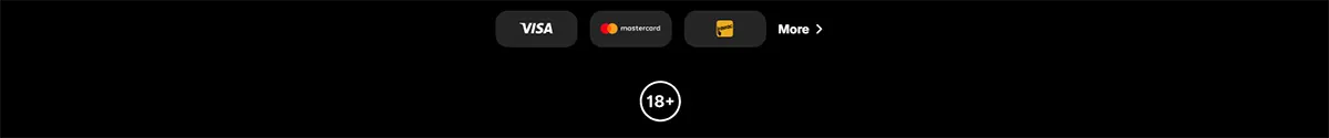Footer section with Visa, Mastercard, and Jeton payment icons, a “More” link, and an 18+ age restriction badge on a dark background.