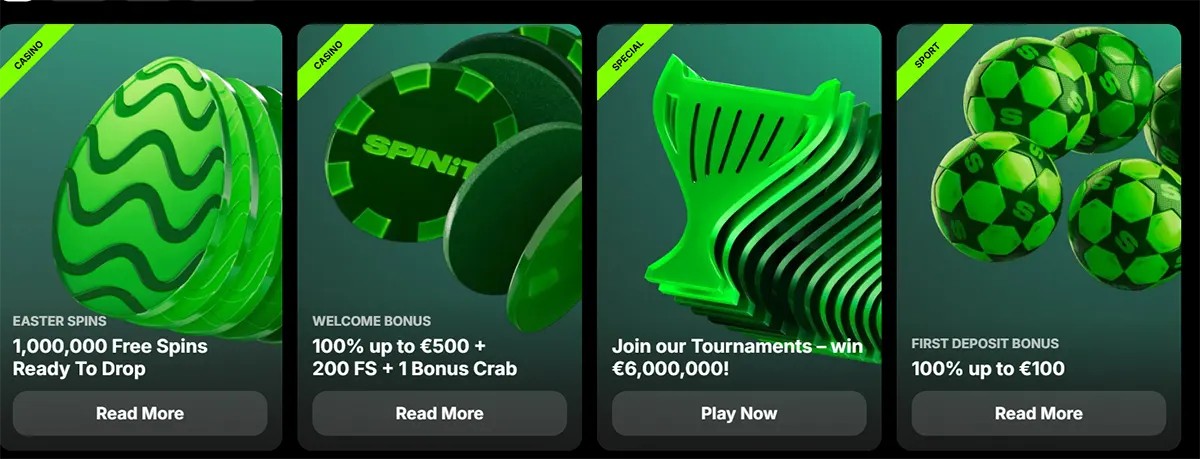 Four promotional casino cards featuring Easter Spins, a welcome bonus, a tournament prize pool offer, and a first deposit bonus, all shown with bright green themed visuals and call-to-action buttons.