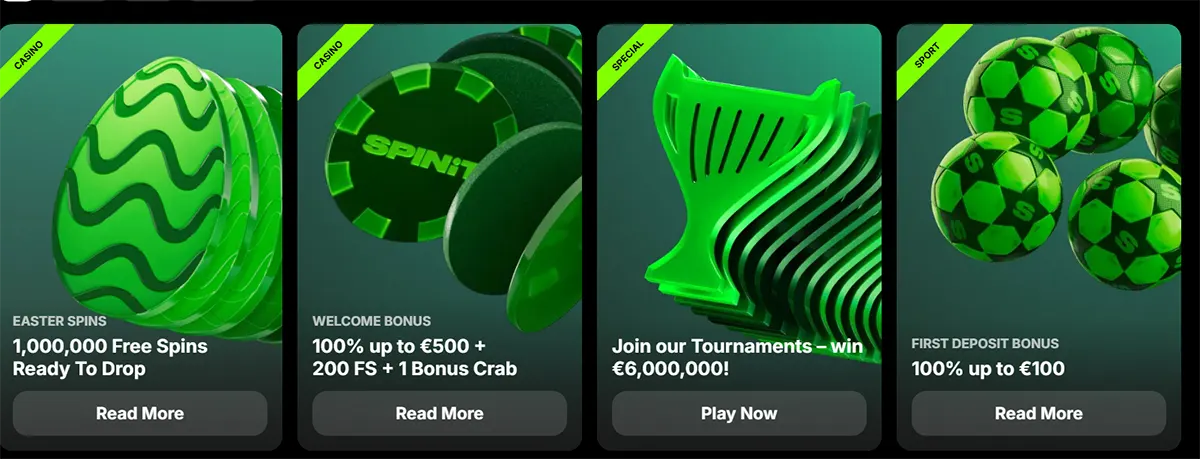 Four promotional casino cards featuring Easter Spins, a welcome bonus, a tournament prize pool offer, and a first deposit bonus, all shown with bright green themed visuals and call-to-action buttons.