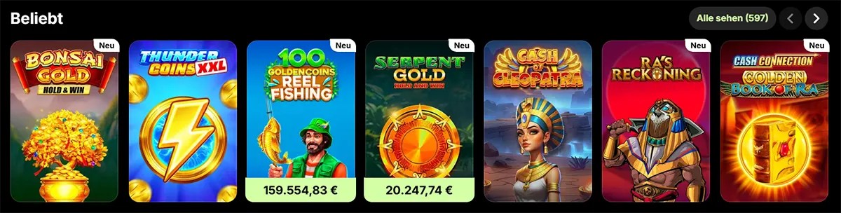 Popular casino games row featuring Bonsai Gold, Thunder Coins XXL, 100 Golden Coins Reel Fishing, Serpent Gold, Cash of Cleopatra, Ra’s Reckoning, and Cash Connection Golden Book of Ra on a dark interface.