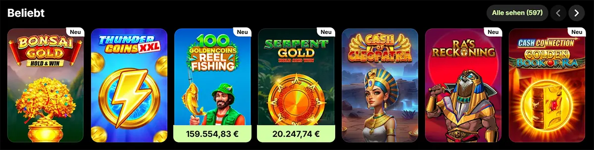 Popular casino games row featuring Bonsai Gold, Thunder Coins XXL, 100 Golden Coins Reel Fishing, Serpent Gold, Cash of Cleopatra, Ra’s Reckoning, and Cash Connection Golden Book of Ra on a dark interface.