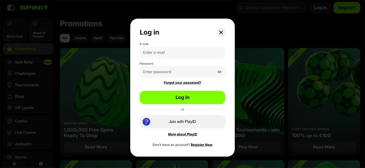 Casino login popup with email and password fields, a bright green “Log in” button, password recovery link, and a PlayID sign-in option over a darkened promotions page.