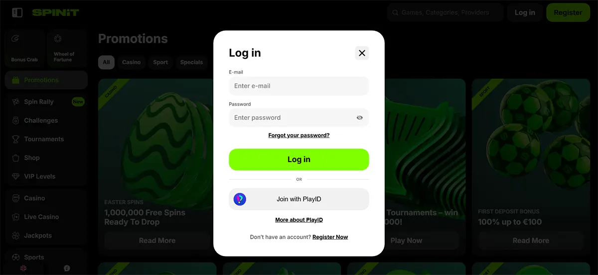 Casino login popup with email and password fields, a bright green “Log in” button, password recovery link, and a PlayID sign-in option over a darkened promotions page.